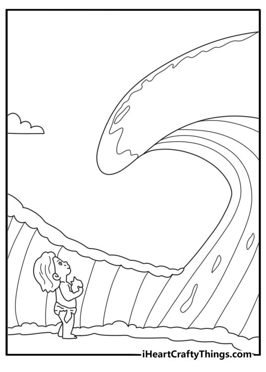Easy Moana coloring page with Moana running along the beach with the ocean behind her