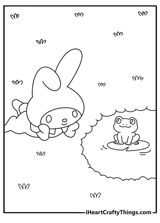 Easy My Melody coloring sheet near a pond with frogs