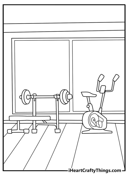 Easy gymnastics coloring page of practice gym interior with equipment