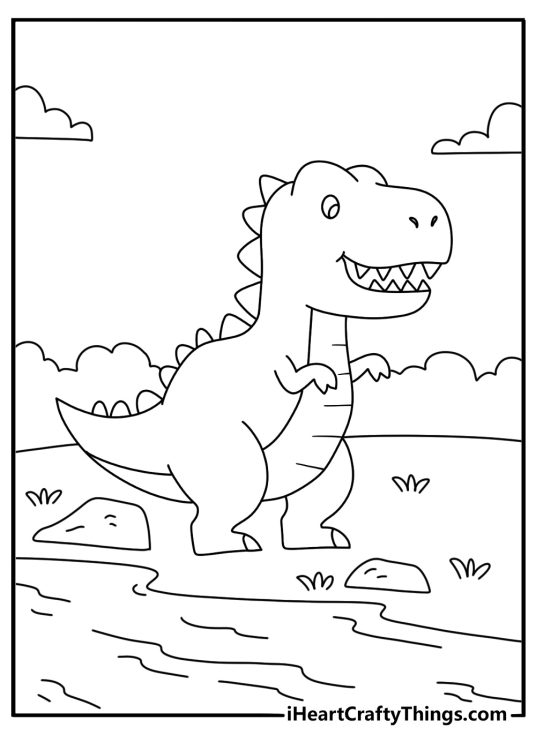 Easy t rex coloring page with a simple dinosaur standing by a river