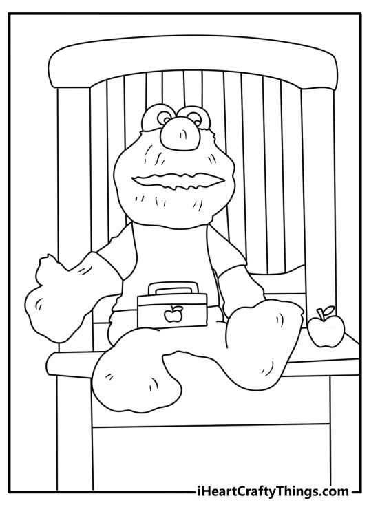 Elmo coloring page for kids featuring a lunch box and apple