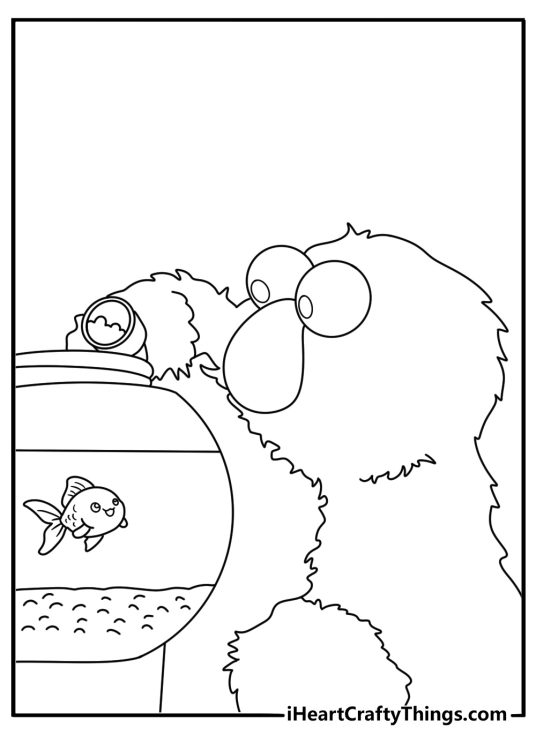 Elmo coloring page showing him feeding Dorothy the goldfish