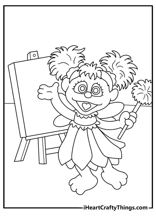 Elmo coloring pages scene featuring Abby Cadabby near a classroom easel