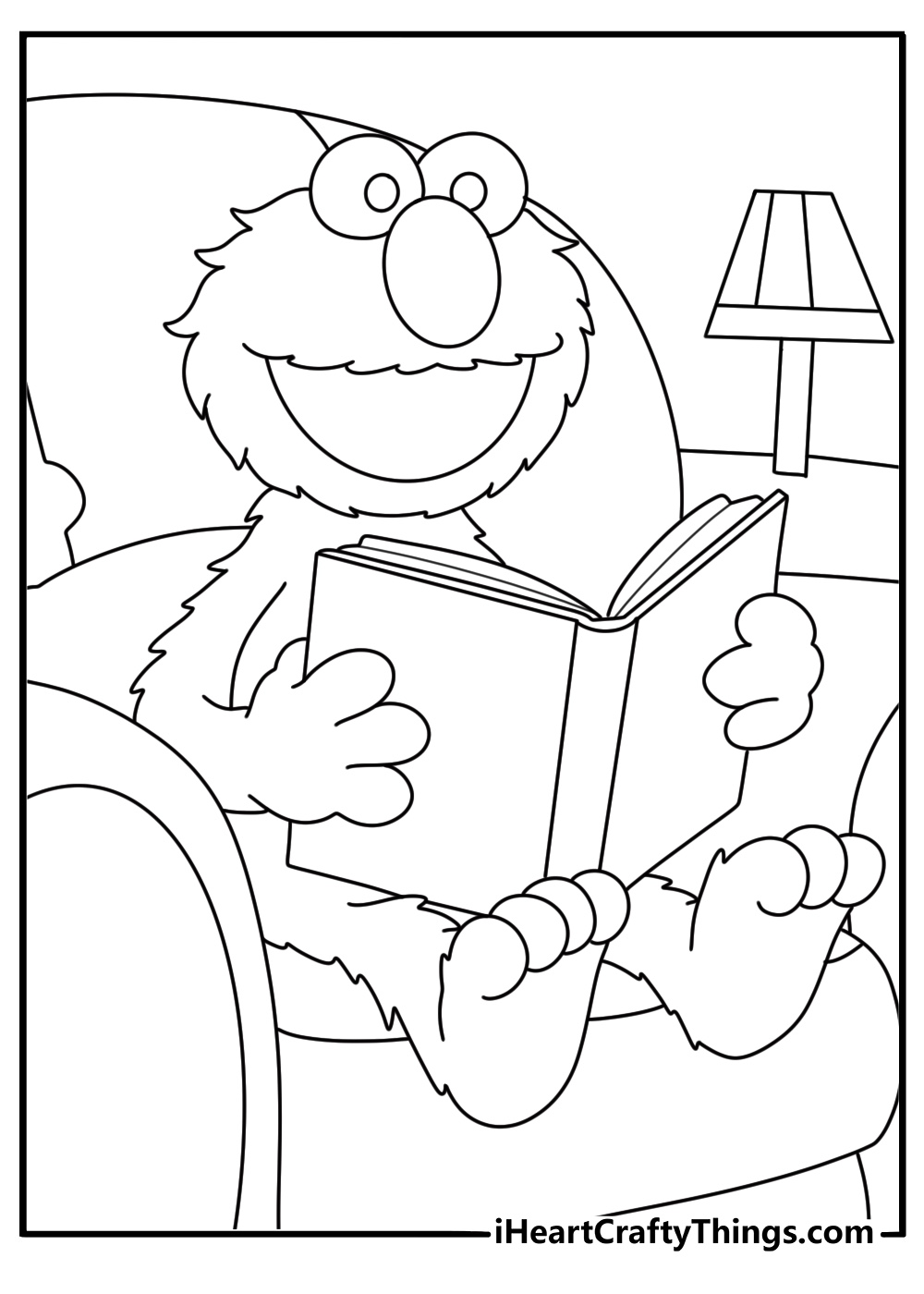 Elmo reads a bedtime story beside a small lamp in this simple printable