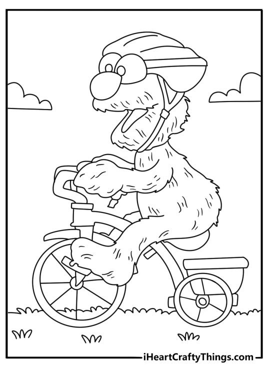 Elmo rides a tricycle along Sesame Street in this easy coloring sheet