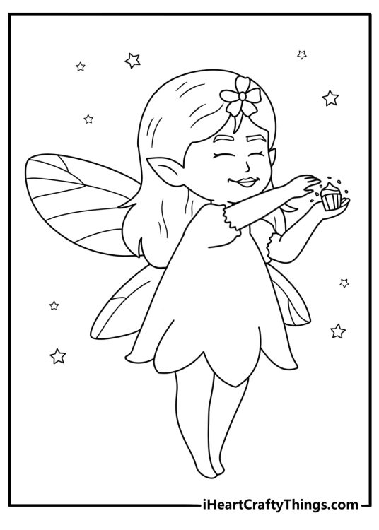 Fairy baker sprinkling sugar over tiny cupcake in forest kitchen cute coloring sheet