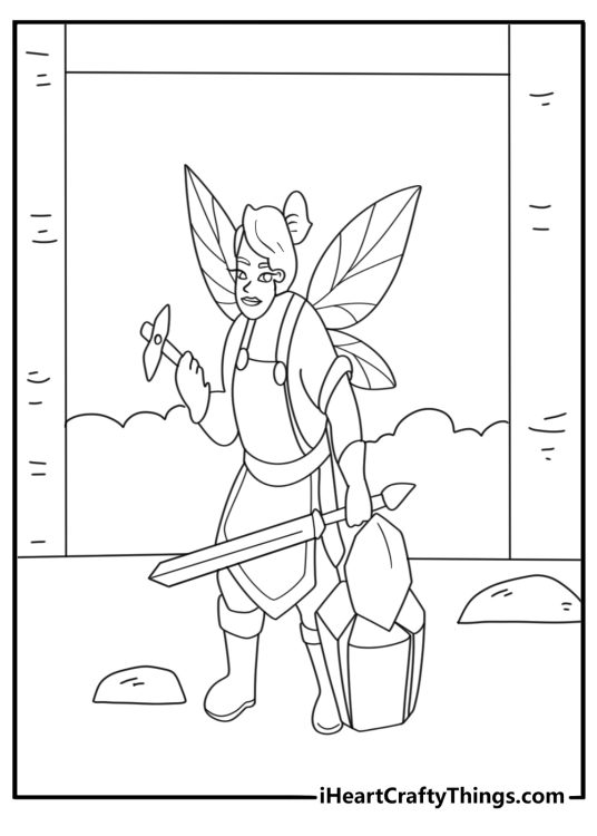 Fairy blacksmith forging miniature sword on anvil fantasy coloring sheet