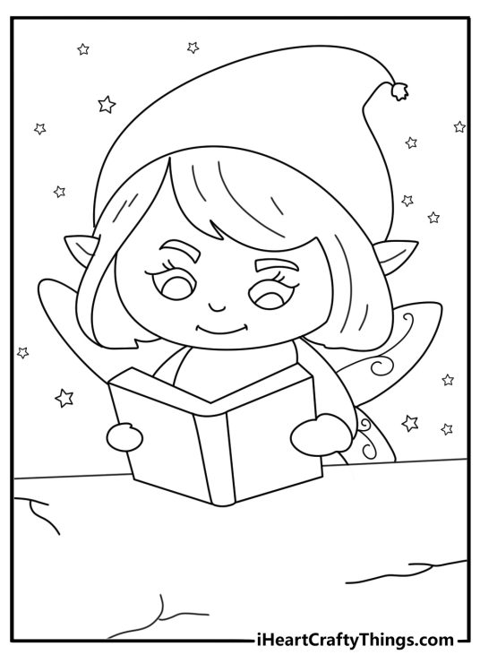 Fairy elf reading ancient spell book at stone table detailed coloring page for adults