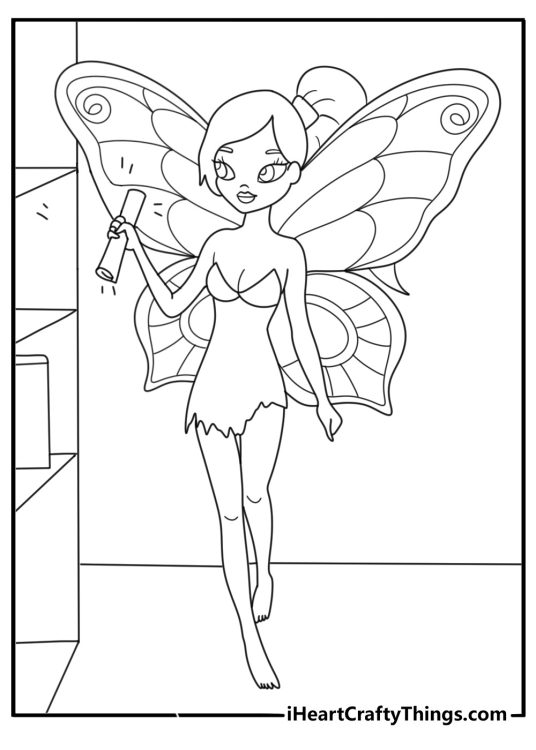 Fairy librarian arranging glowing scrolls on tall shelves detailed coloring page