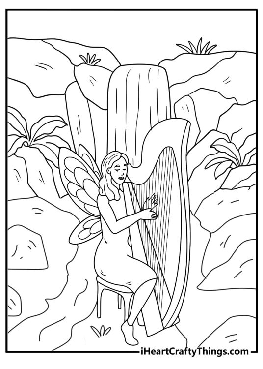 Fairy musician playing harp beside waterfall relaxing coloring page for adults