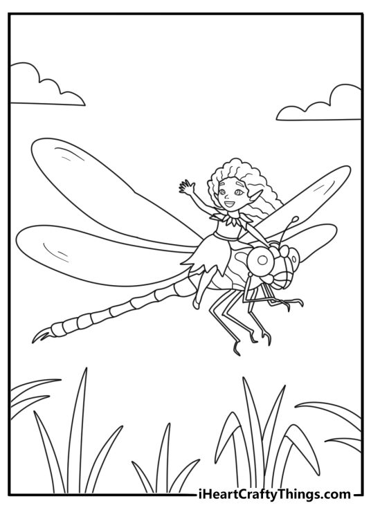 Fairy riding friendly dragonfly above tall reeds fun coloring page for kids