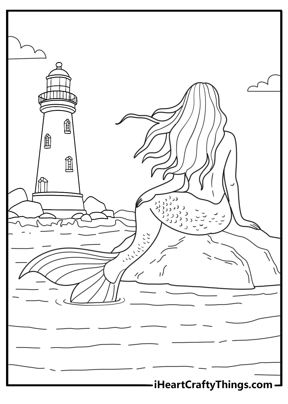 Fantasy coloring page for adults with mermaid sitting on rocks near lighthouse