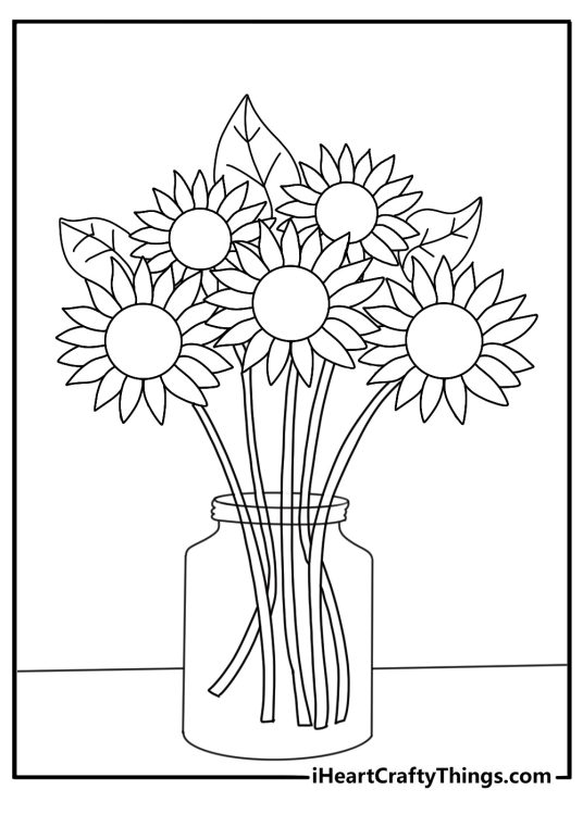 Flower coloring page for adults with sunflower bouquet in mason jar