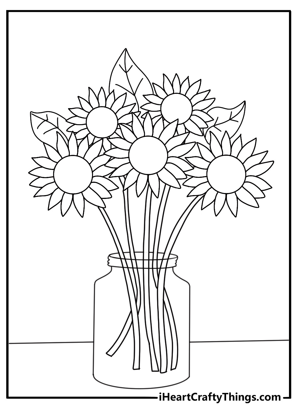 Flower coloring page for adults with sunflower bouquet in mason jar