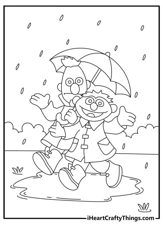 Free Elmo coloring sheet featuring a raincoat and puddles on Sesame Street