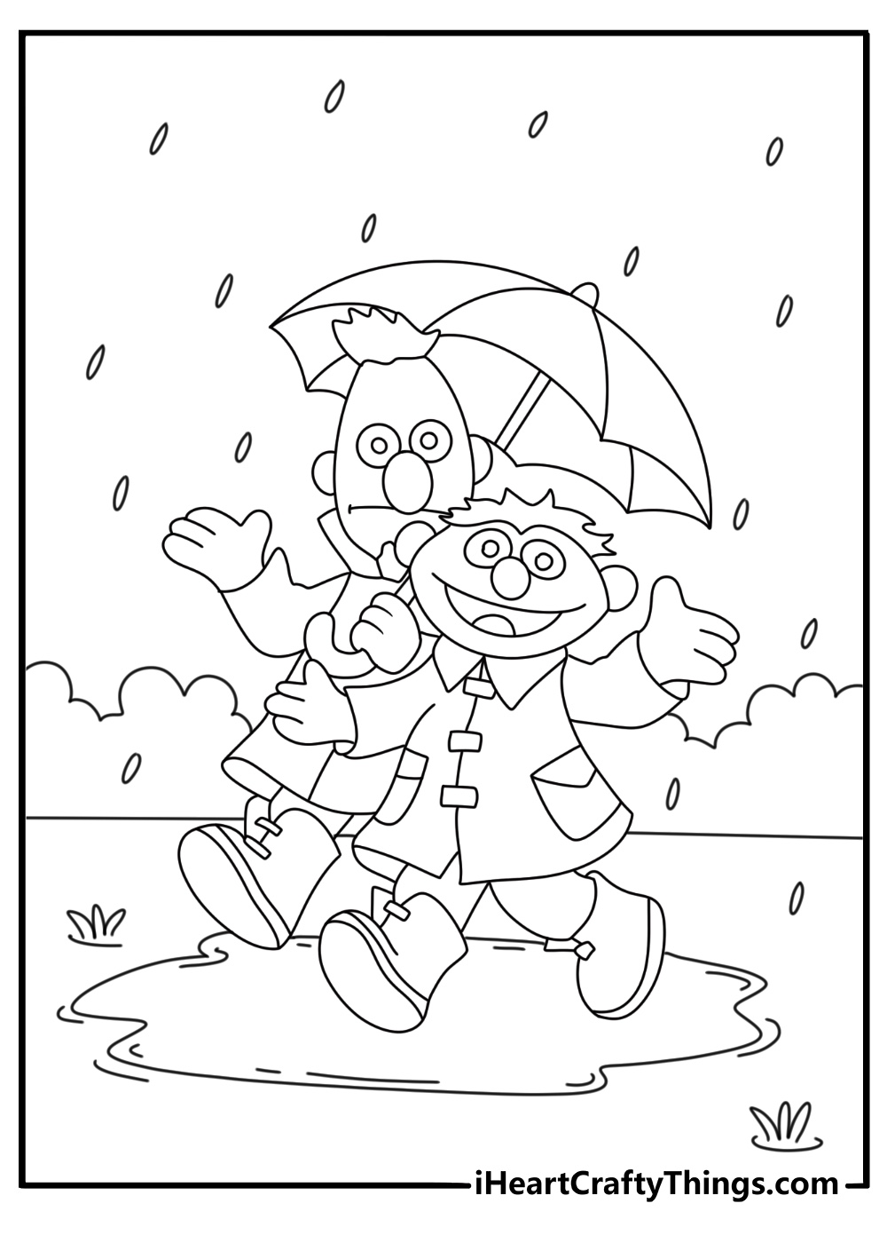 Free Elmo coloring sheet featuring a raincoat and puddles on Sesame Street