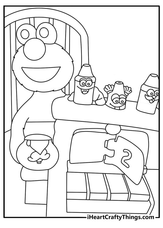 Free Elmo printable featuring a toy piano beside his chair