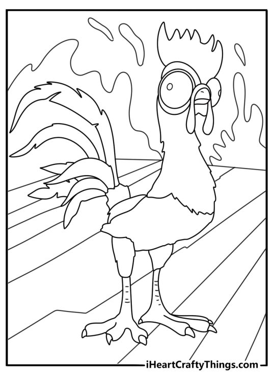 Free Moana coloring pages of Heihei standing in a canoe surrounded by splashing water