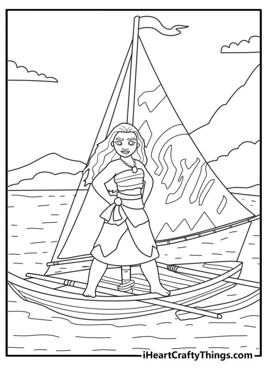 Free Moana coloring sheet of Moana standing beside a canoe on the shore