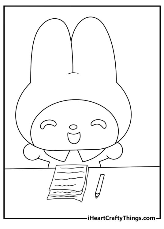 Free My Melody coloring sheet arranging letters at a desk