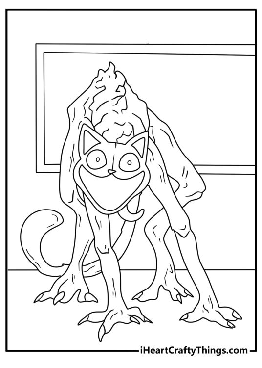 Free Poppy Playtime coloring sheet showing CatNap inside an empty classroom