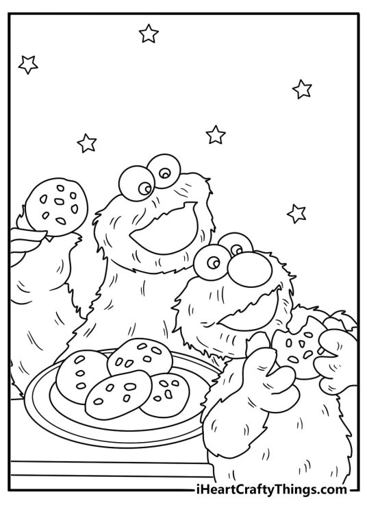 Free Sesame Street coloring page showing Elmo baking cookies with Cookie Monster