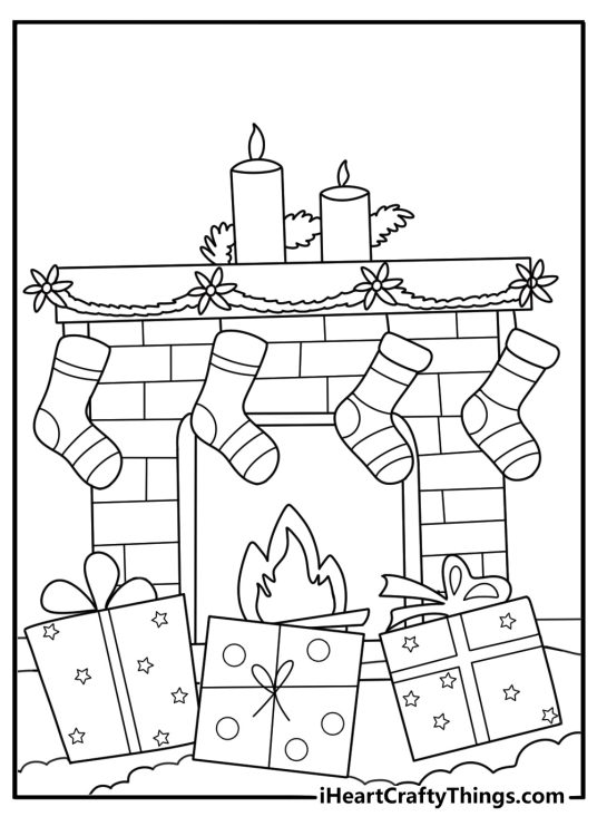 Free christmas coloring page for adults with fireplace stockings and wrapped gifts