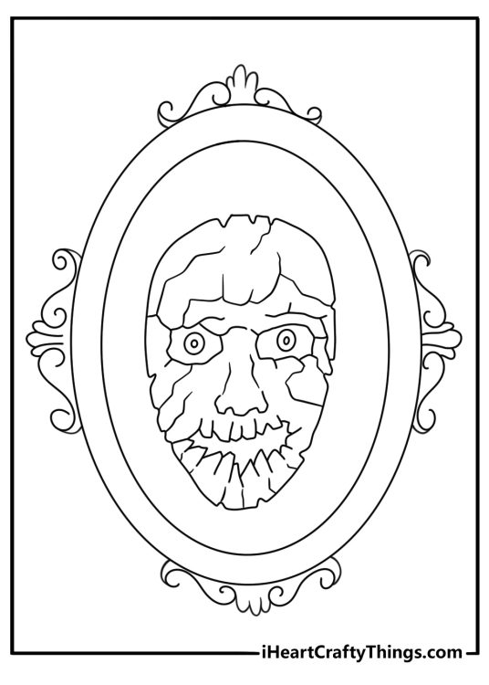 Free horror coloring sheet showing a strange face inside an antique mirror