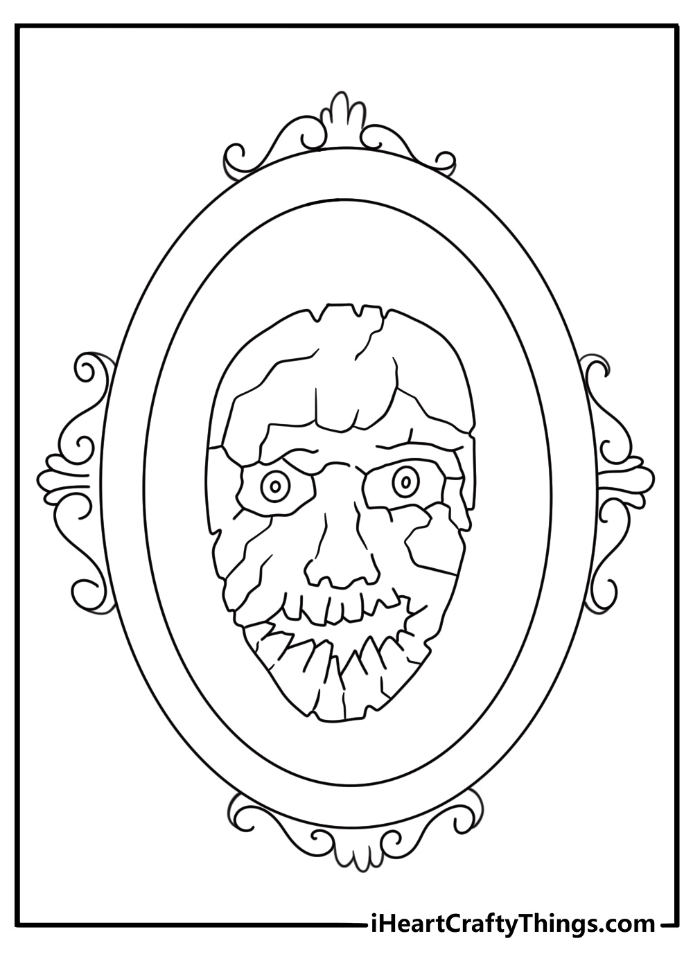 Free horror coloring sheet showing a strange face inside an antique mirror
