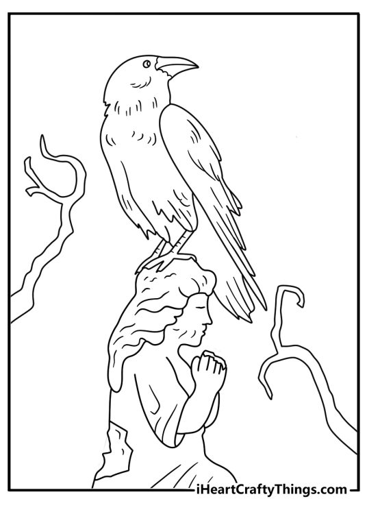 Free horror sheet featuring a raven perched on a cemetery statue