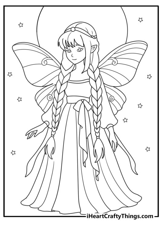 Free pdf of a woodland fairy with glasses and long dress featured in a forest with stars and moon surrounding her