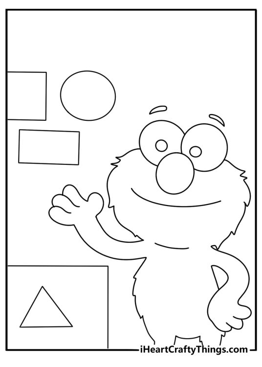 Free printable Elmo sheet showing him sorting shapes into a box