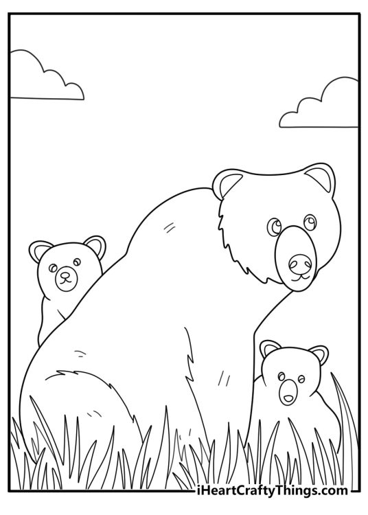 Free printable coloring page for kids presenting mother bear with her two bear cubs