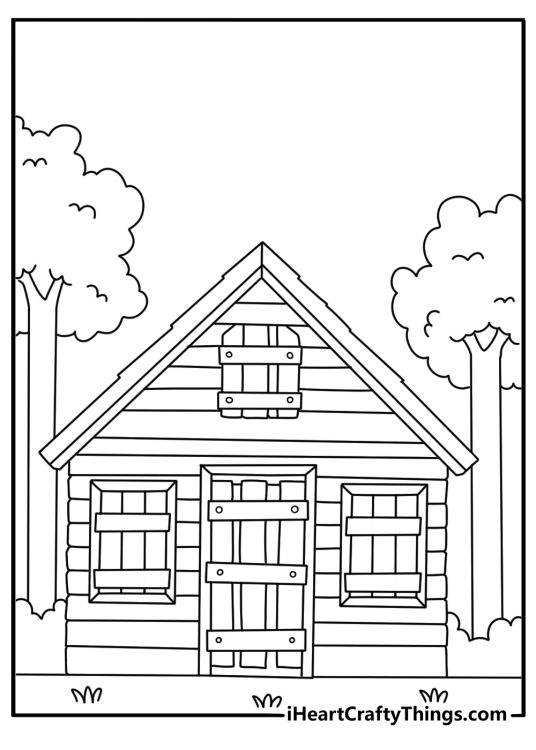 Free printable horror page featuring a boarded up cabin in the woods