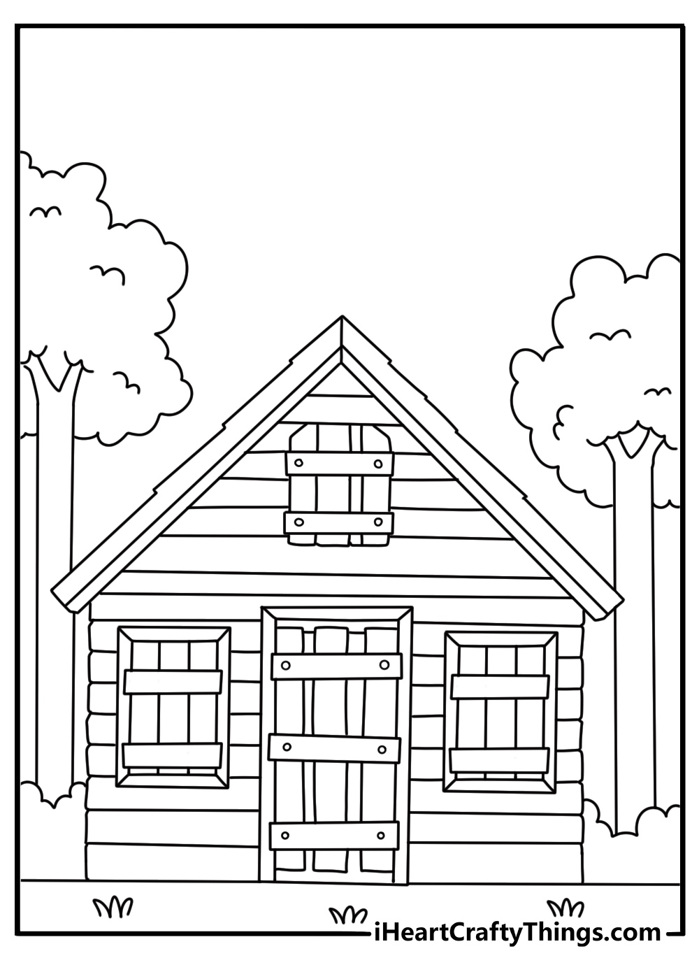 Free printable horror page featuring a boarded up cabin in the woods
