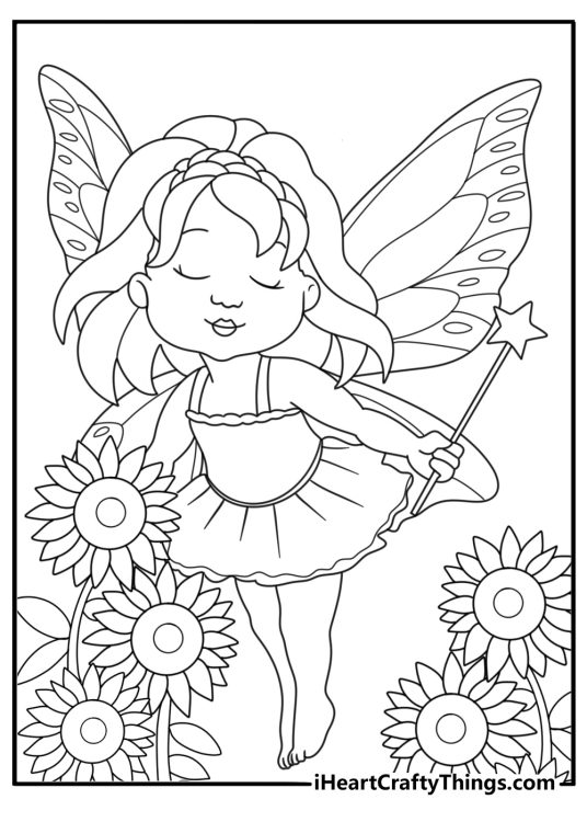 Free printable image for kids of a small fairy enjoying the scent of flowers with stars in the background