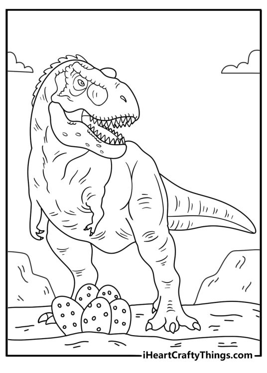 Free printable t rex coloring page with a dinosaur beside a nest of eggs