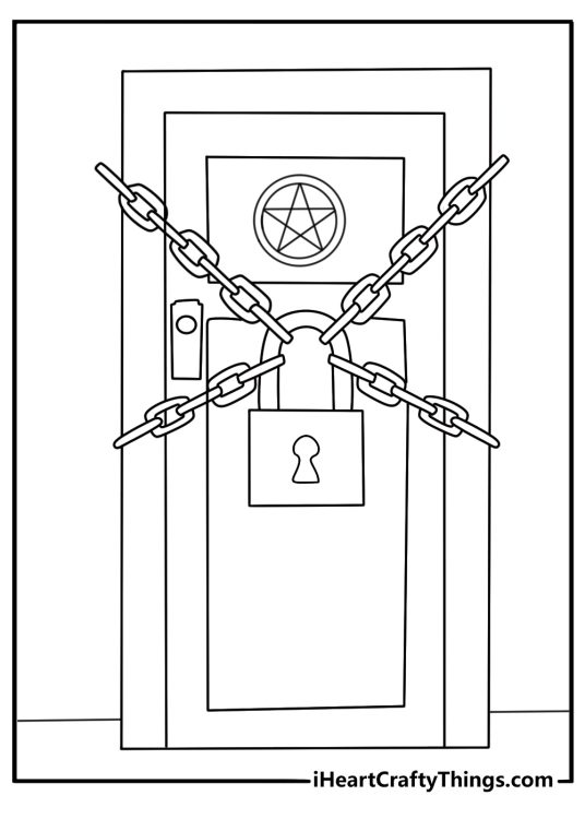 Free scary coloring page showinga locked room covered in strange symbols