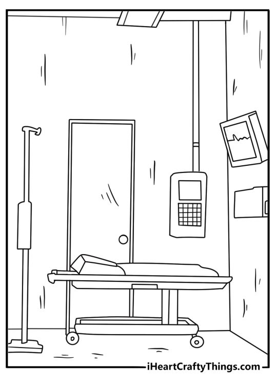 Free scary printable featuring an abandoned hospital room with broken beds