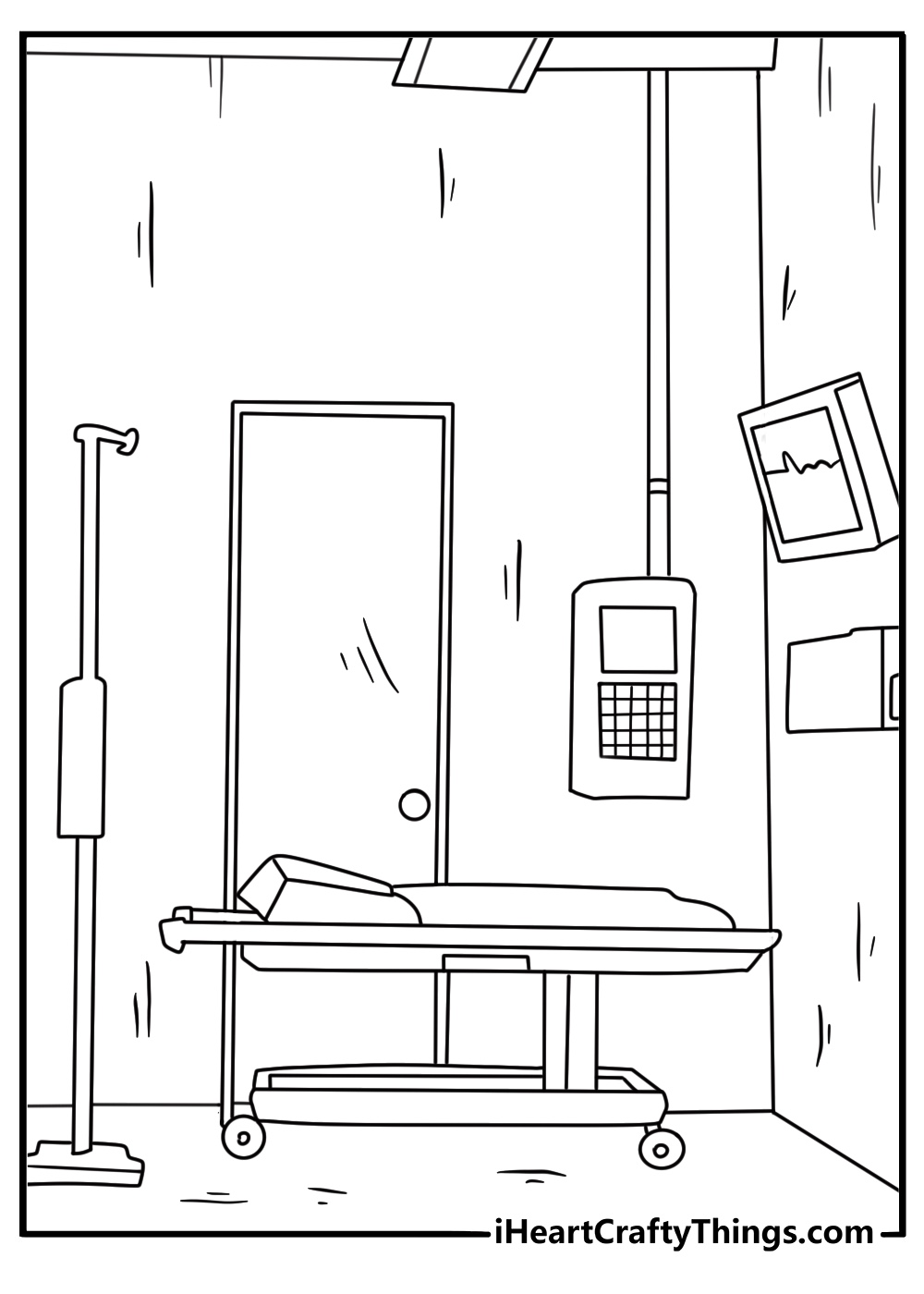 Free scary printable featuring an abandoned hospital room with broken beds