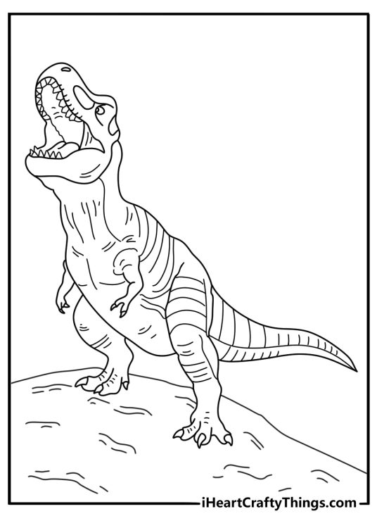 Free tyrannosaurus rex coloring page with a roaring dinosaur near tall rocks