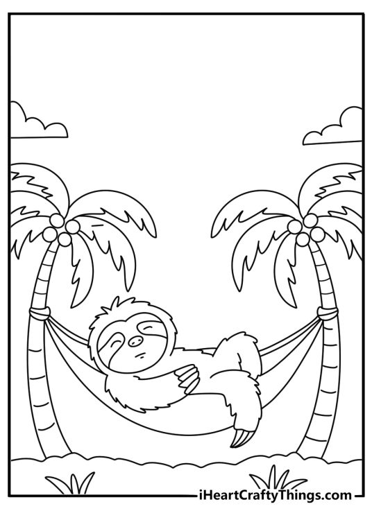 Funny adult coloring page printable with sleepy sloth in hammock