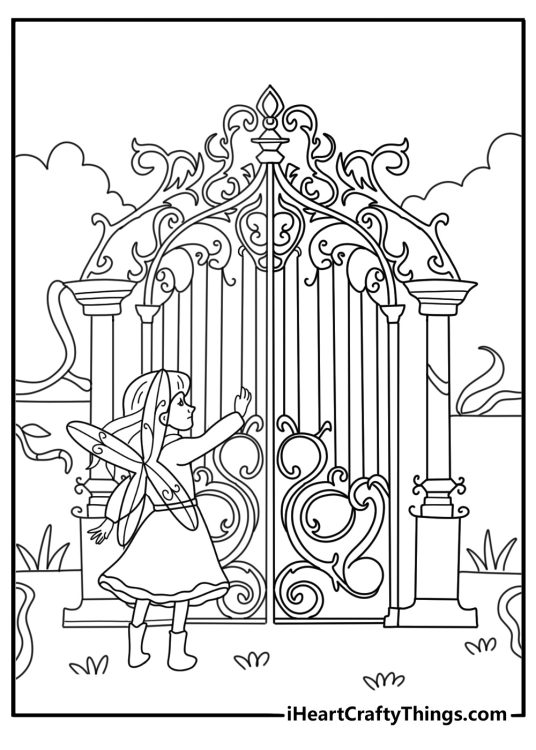 Garden gate Fairy coloring page with tiny fairy opening iron gate covered in vines