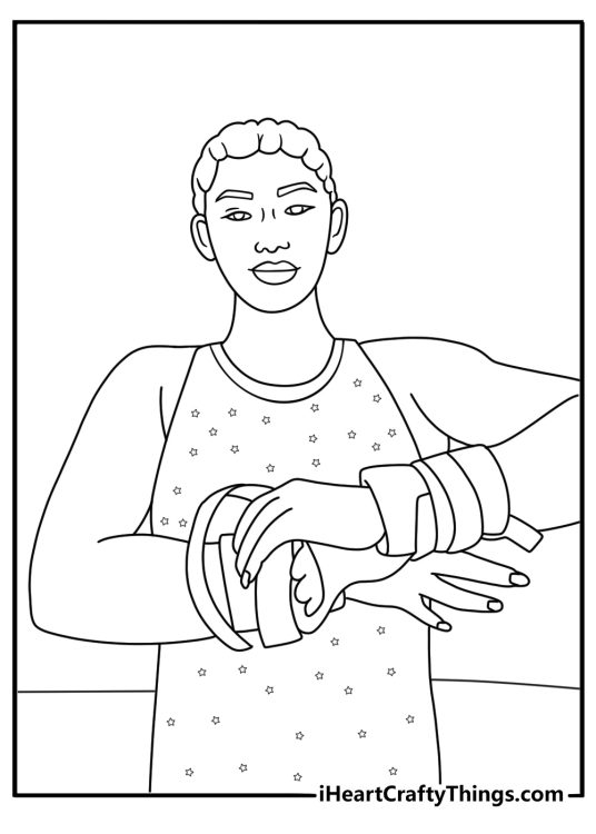 Girl gymnast coloring page tying grips before bar routine