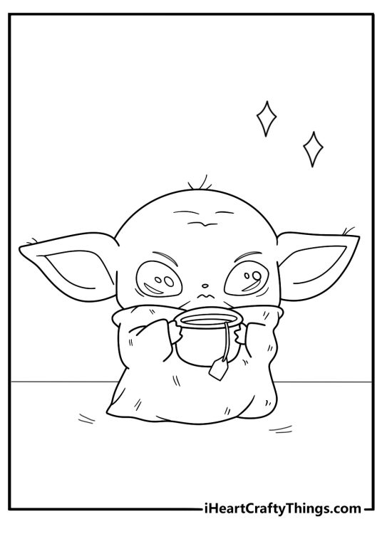 Grogu baby from Star Wars holding soup cup kawaii coloring page printable for kids download