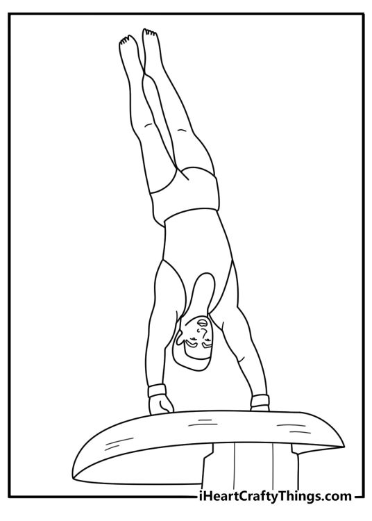 Gymnast coloring page with athlete landing after vault on spring table