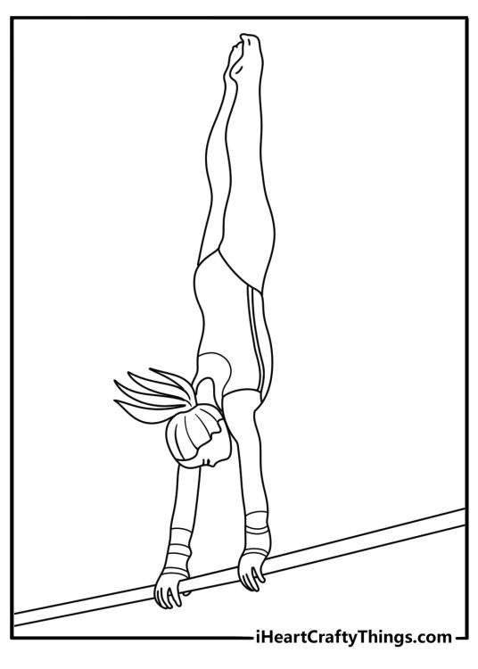 Gymnastics coloring page of athlete on uneven bars in mid swing