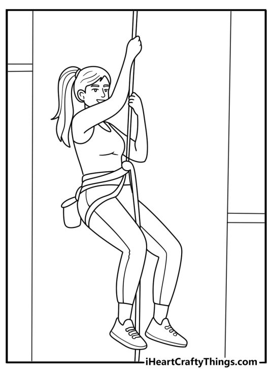 Gymnastics girl coloring page with athlete climbing rope in training hall