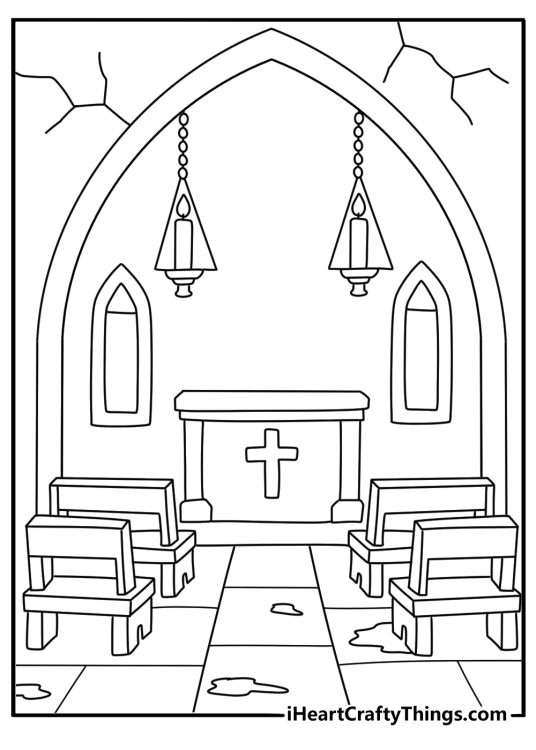 Horror coloring page for adults featuring an old chapel with hanging candles