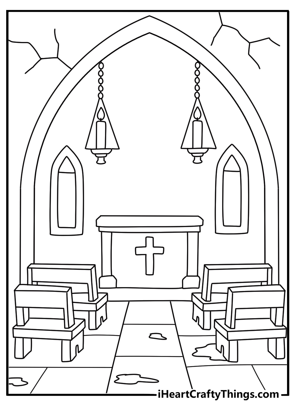 Horror coloring page for adults featuring an old chapel with hanging candles